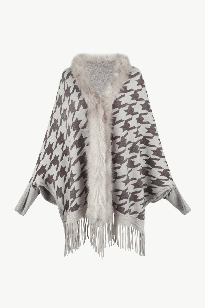 Houndstooth Fringe Hem Poncho