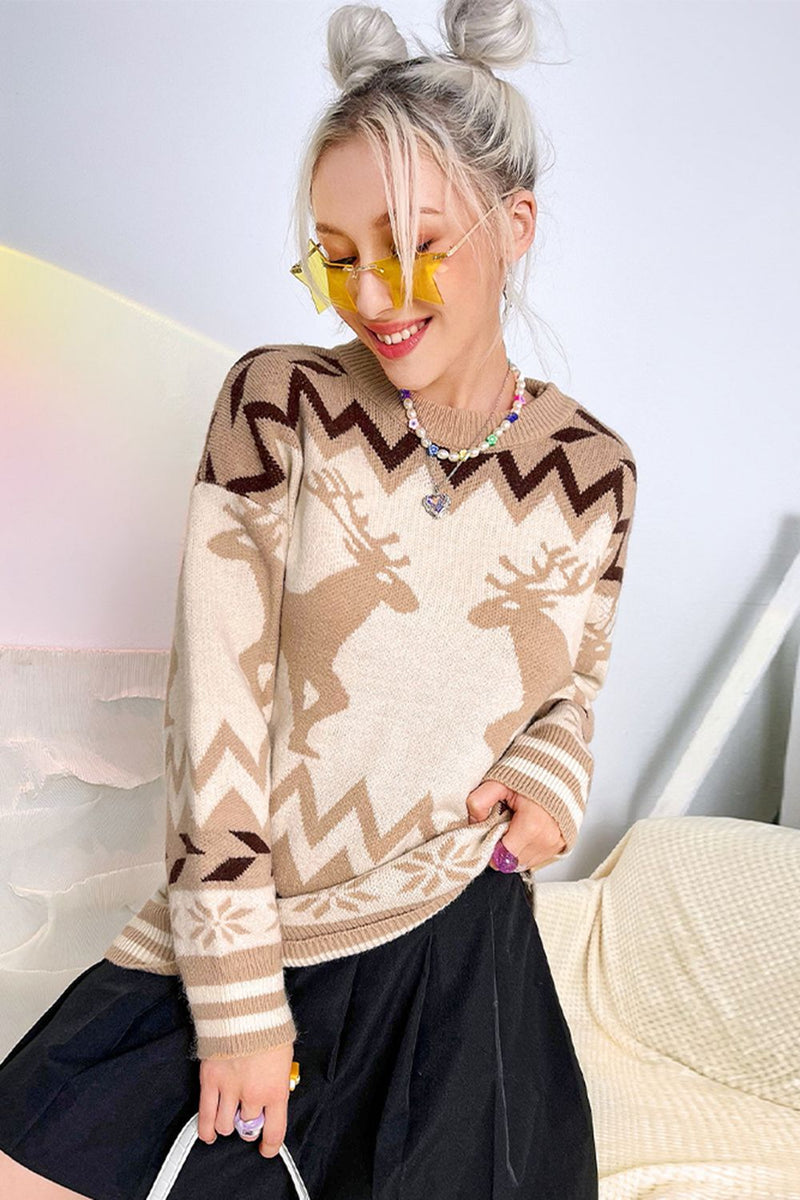 Deer Pattern Round Neck Dropped Shoulder Sweater