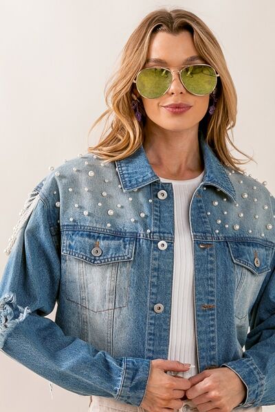 BiBi Pearl Detail Distressed Cropped Denim Jacket