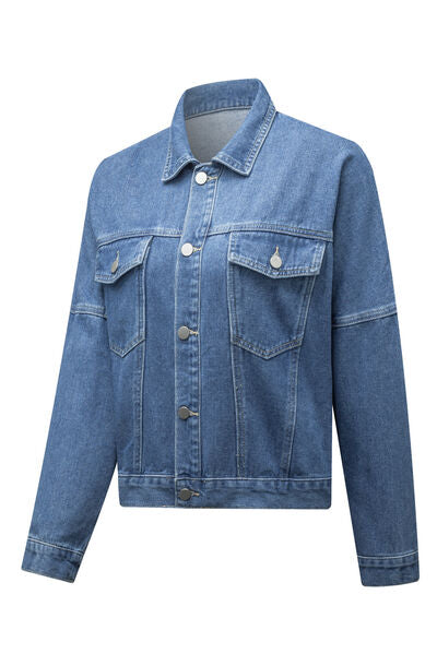 Pocketed Button Up Dropped Shoulder Denim Jacket