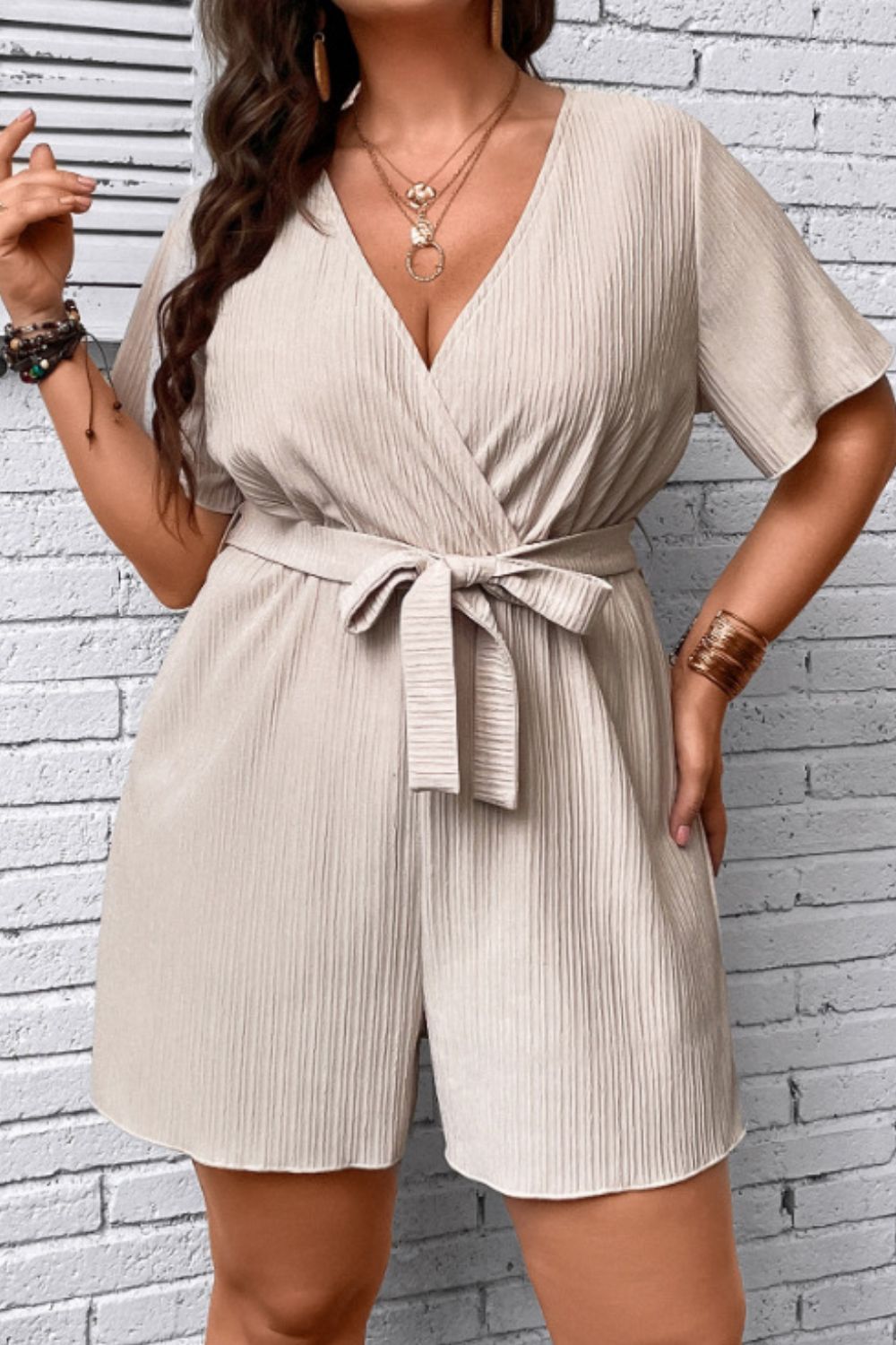 Size Tie Waist Surplice Neck Romper