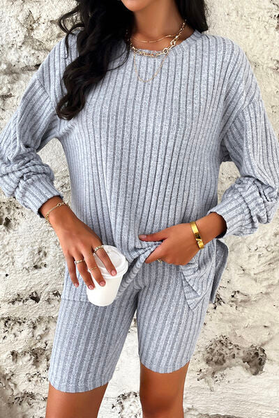 Ribbed Round Neck Dropped Shoulder Top and Shorts Set