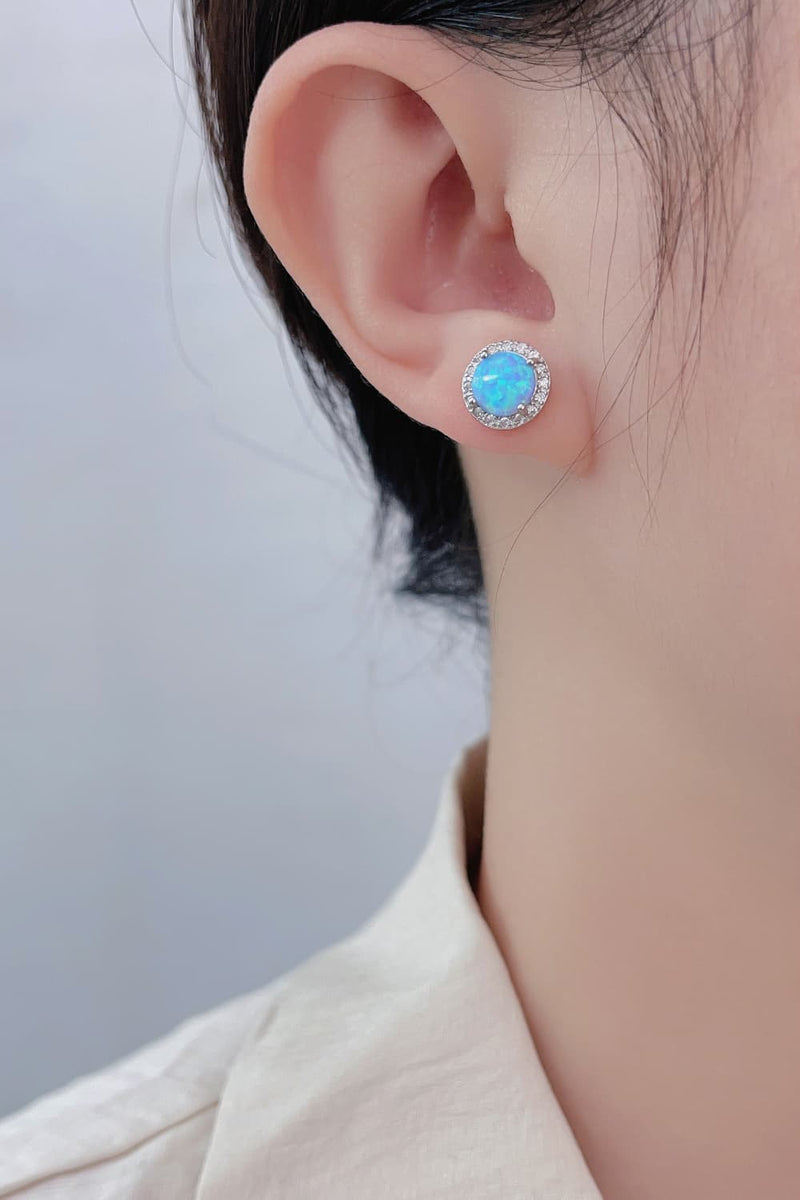 Silver Opal Round Stud Earrings