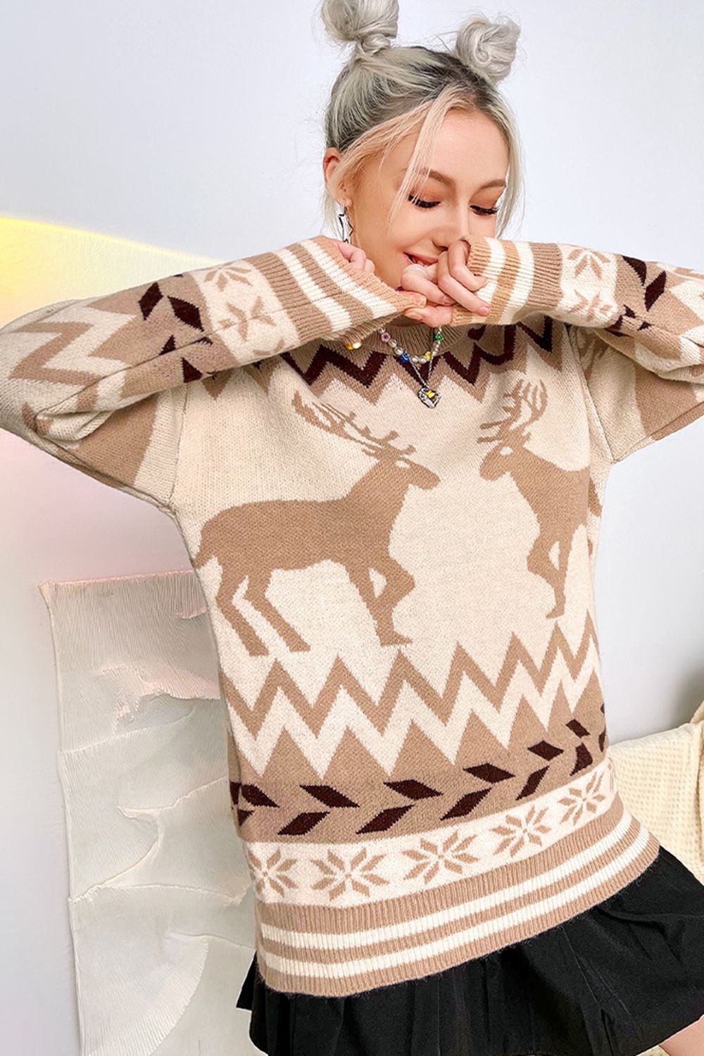 Deer Pattern Round Neck Dropped Shoulder Sweater