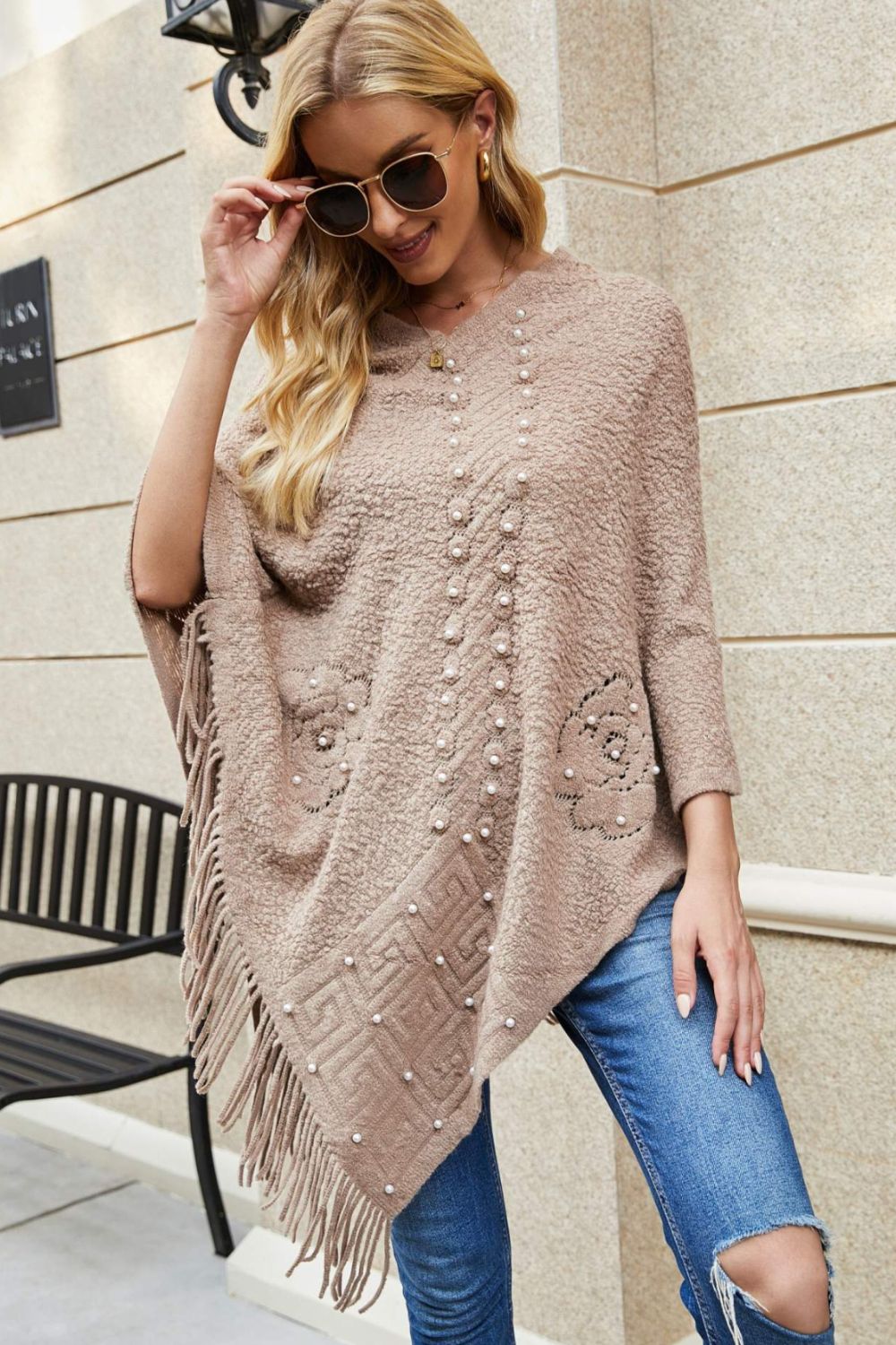 Pearl Trim Fringe Hem Poncho