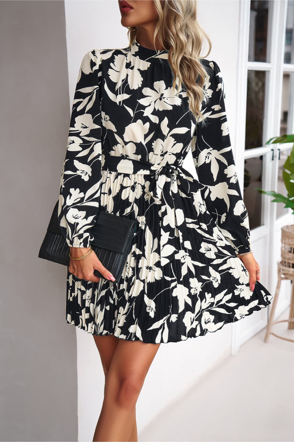 Floral Mock Neck Tie Waist Pleated Dress