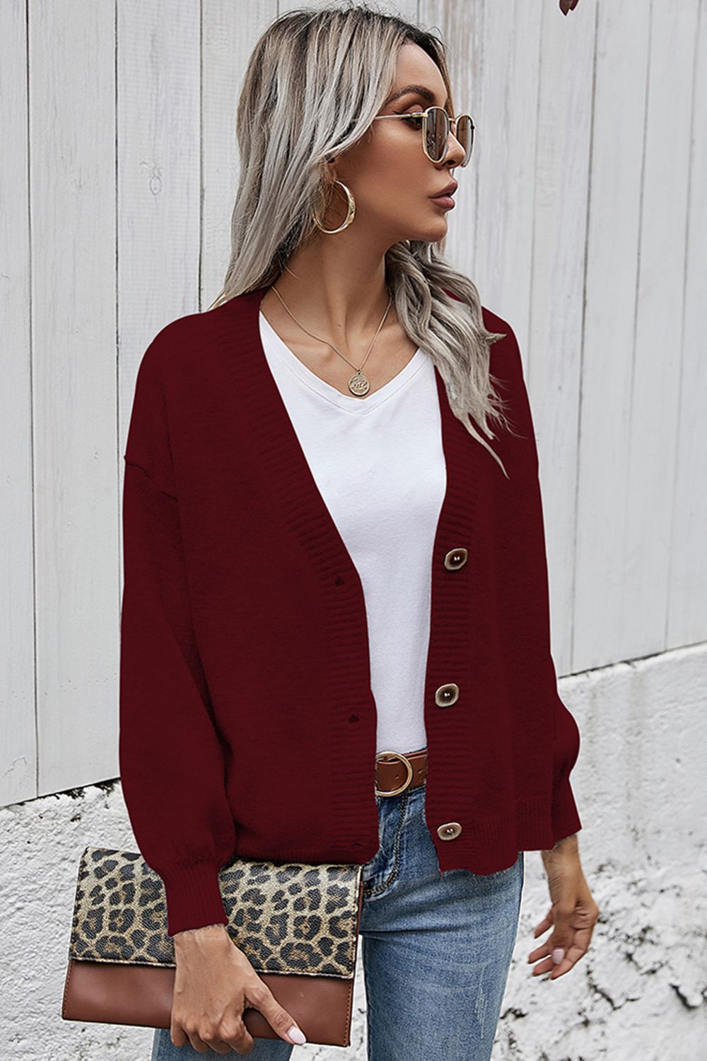 V-Neck Button-Down Dropped Shoulder Cardigan